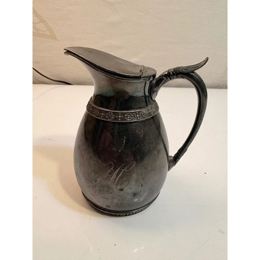 Vintage Silver Plated Pitcher Embossed Floral Band Monogram 'RH'‎